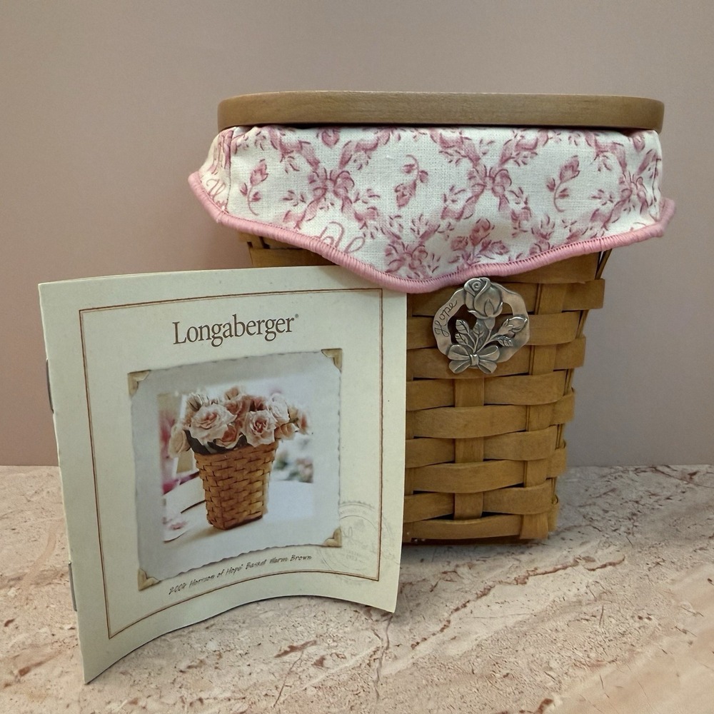 Longaberger 2004 Horizon of Hope Basket Warm Brown Wood Lid Pink Floral Liner